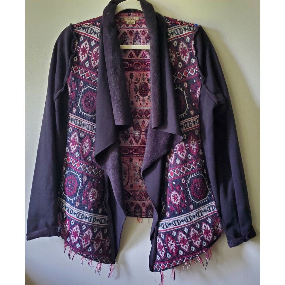 Anama Black Gray Red Aztec Design Fleece Open Front Pieced Cardigan Large